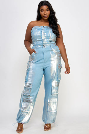 Open image in slideshow, Denim with Silver Cargo Jumpsuit
