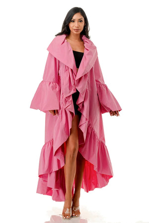 Open image in slideshow, Make an Entrance Pink Ruffle Duster Coat
