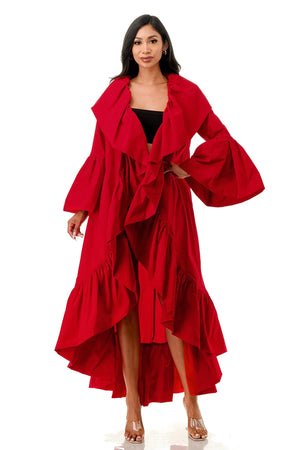 Open image in slideshow, Make an Entrance Red Ruffle Duster Coat
